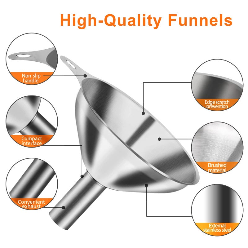 VOPTON 6 Pcs Stainless Steel Mini Funnels For Kitchen Use. Large Tiny Small Funnel Set Of 3 Metal Cooking Powder Food Grade Flask Funnels For Filling Bottles Liquor Water Spice 2Pcs Cleaning Brushes Vopton - Image 3