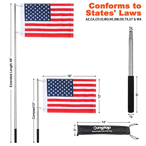 KINGTOP Telescopic Flagpole with American Flag - 12x18 USA Flag for Golf Carts, Boats, Biking | Includes Storage Bag, Durable 48" Stainless Steel Pole and Flag, Meets Safety Laws - Image 2