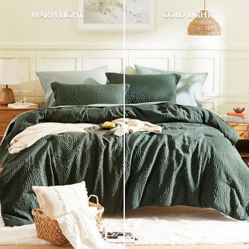 Geniospin Queen Comforter Set - 7 Pieces Dark Green Bedding Set, Botanical Textured Comforter Bed Set, All Season Lightweight Bed in a Bag with Comforter, Sheets, Pillowcases & Shams - Image 4