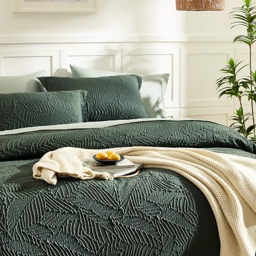Geniospin Queen Comforter Set - 7 Pieces Dark Green Bedding Set, Botanical Textured Comforter Bed Set, All Season Lightweight Bed in a Bag with Comforter, Sheets, Pillowcases & Shams - Image 3