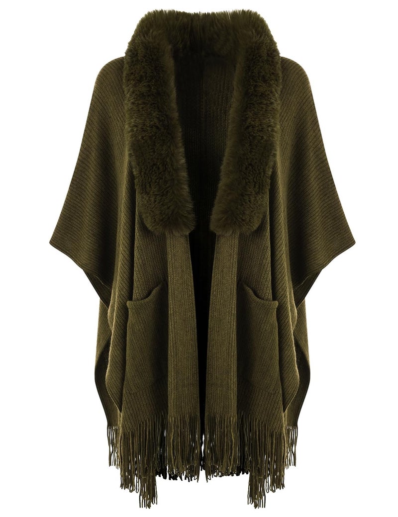 Ferand Women's Shawl Wraps with Pockets Open Front Fringe Poncho Sweater with Warm Faux Fur Collar, Army Green - Image 1