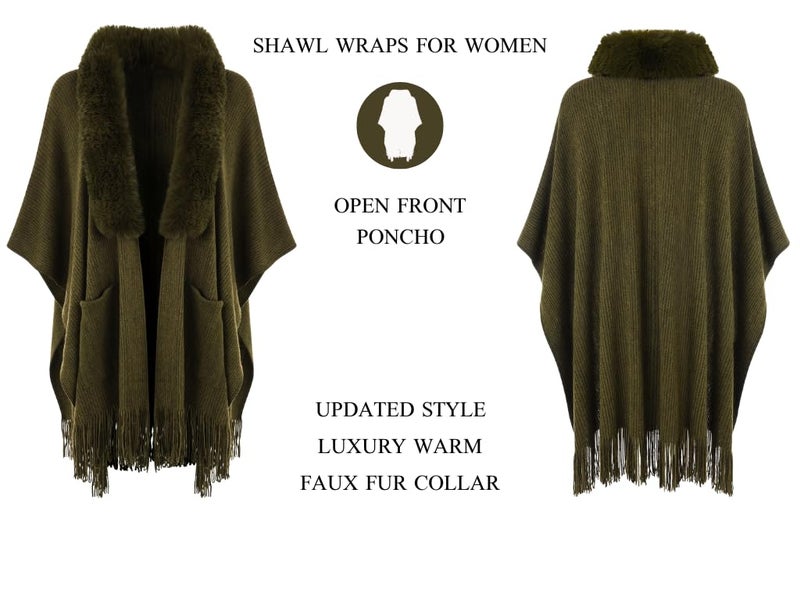 Ferand Women's Shawl Wraps with Pockets Open Front Fringe Poncho Sweater with Warm Faux Fur Collar, Army Green - Image 4