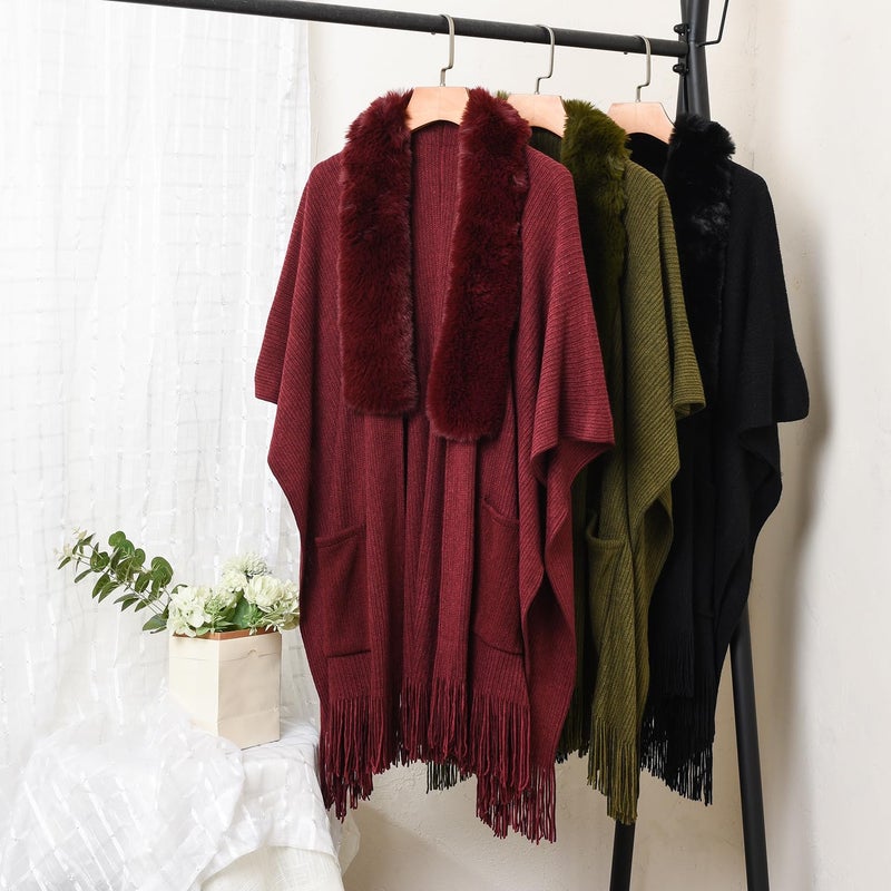 Ferand Women's Shawl Wraps with Pockets Open Front Fringe Poncho Sweater with Warm Faux Fur Collar, Army Green - Image 2