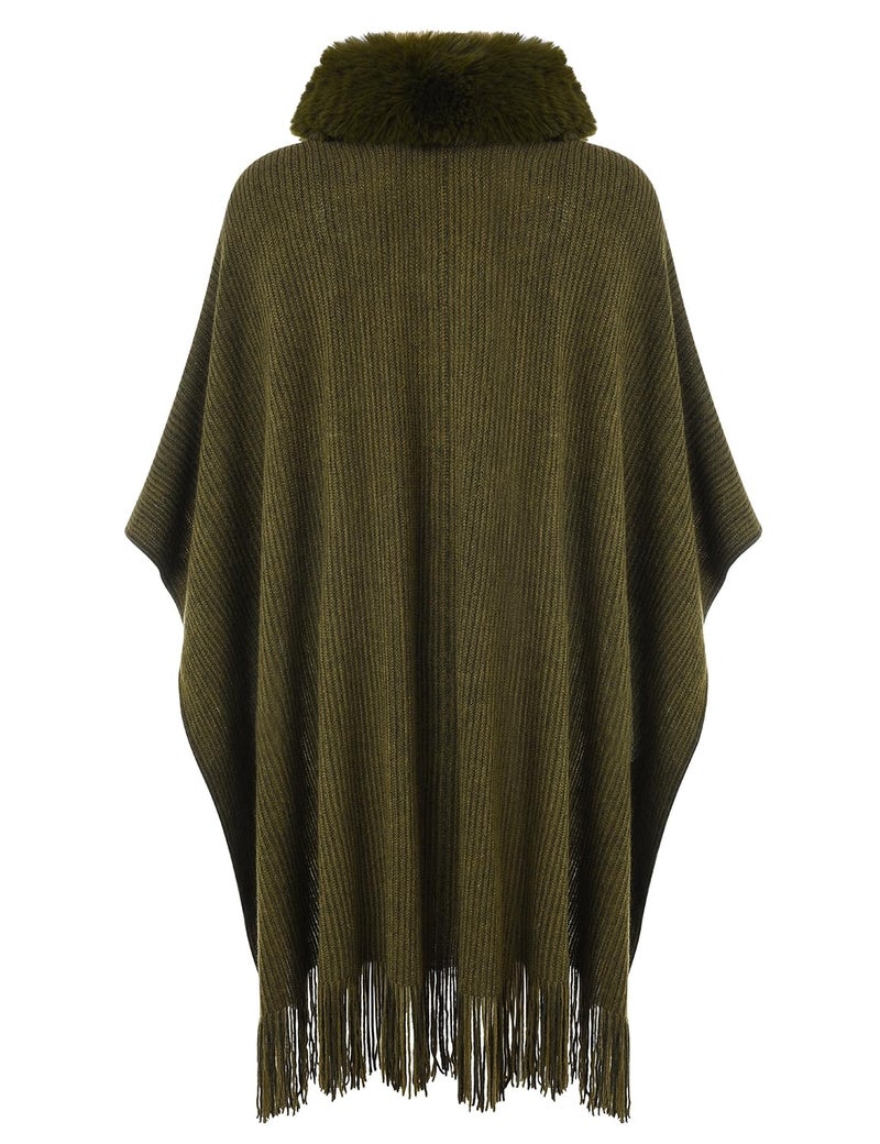 Ferand Women's Shawl Wraps with Pockets Open Front Fringe Poncho Sweater with Warm Faux Fur Collar, Army Green - Image 3