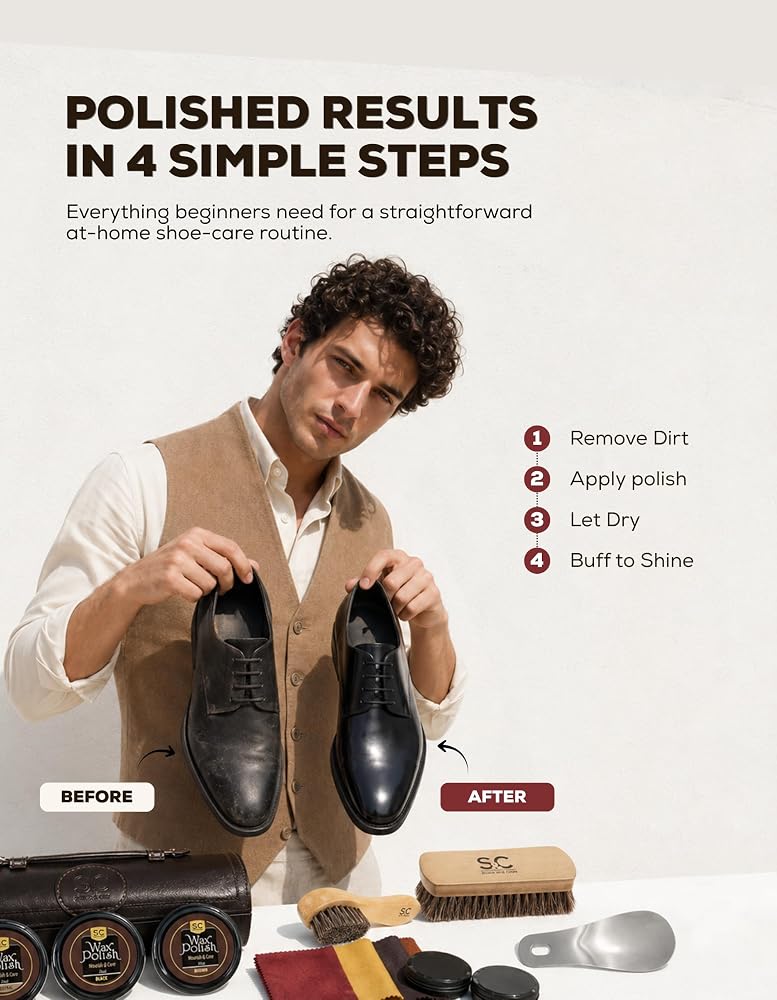 Stone and Clark Stone & Clark 12PC Shoe Polish & Care Kit, Leather Shoe Shine Kit with Brown Wax, Shoe Brushes for Polishing - Image 4