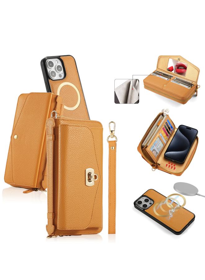 اس-توب جراب هاتف iPhone 15 Pro Max MagSafe Crossbody متعدد الوظائف بسحاب محفظة من جلد الليتشي - Image 1