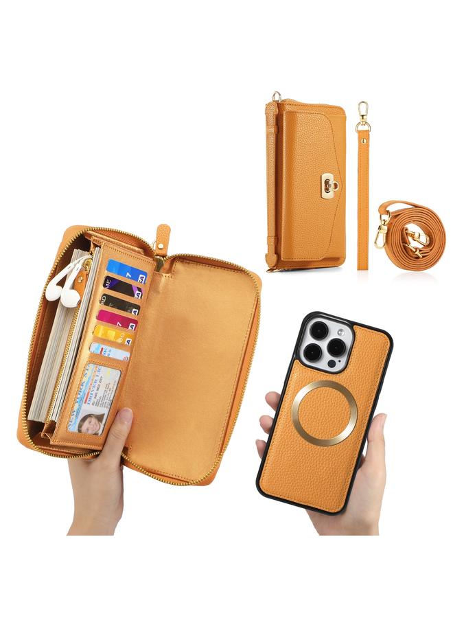 اس-توب جراب هاتف iPhone 15 Pro Max MagSafe Crossbody متعدد الوظائف بسحاب محفظة من جلد الليتشي - Image 5