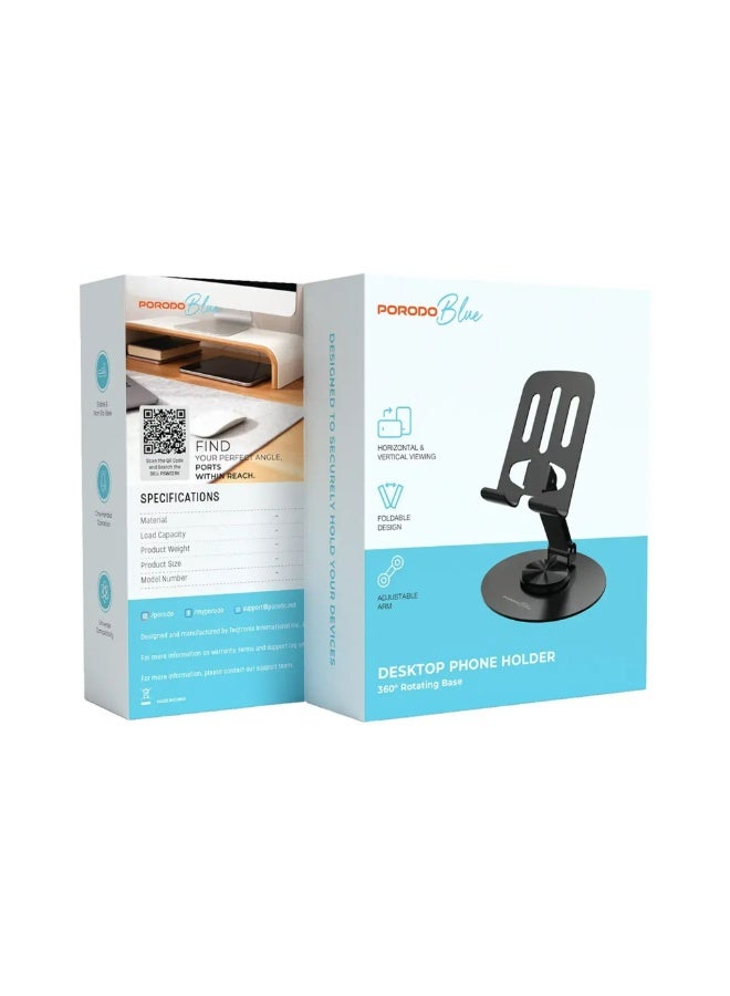 porodo Blue Desktop Phone Holder with 360° Rotating Base, Foldable Adjustable Arm, Stable Non-Slip Base, Aluminum Alloy & Carbon Steel Build, Universal Compatibility for Horizontal & Vertical Viewing – Black - Image 5