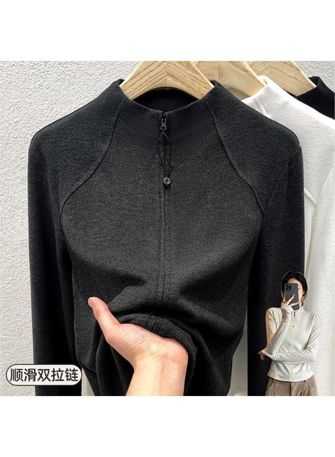 Modal قميص أساسي مزدوج الجوانب بياقة واقفة للنساء - سترة كاردينغ بسحاب مزدوج لشتاء وخريف 2023 - هودي ضيق مناسب للداخلية - قمة شبه طوق تورتل - Image 2