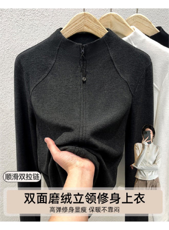 Modal قميص أساسي مزدوج الجوانب بياقة واقفة للنساء - سترة كاردينغ بسحاب مزدوج لشتاء وخريف 2023 - هودي ضيق مناسب للداخلية - قمة شبه طوق تورتل - Image 1