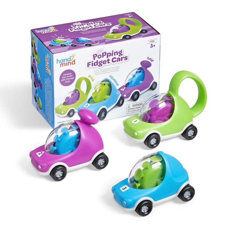 Hand2Mind Popping Fidget Cars - Suction Cup Toys for Fine Motor Skills, Toddler & Preschool Sensory Play, Anxiety Relief (Set of 3) - Image 1