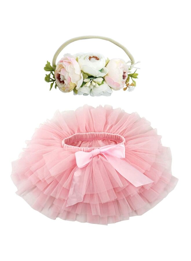 تنورة توتو ناعمة ورقيقة للبنات مع غطاء حفاضات، طقم تنورة توتو للبنات الصغيرات مع عصابة رأس مزينة بالزهور. (المقاس: متوسط) - Image 1