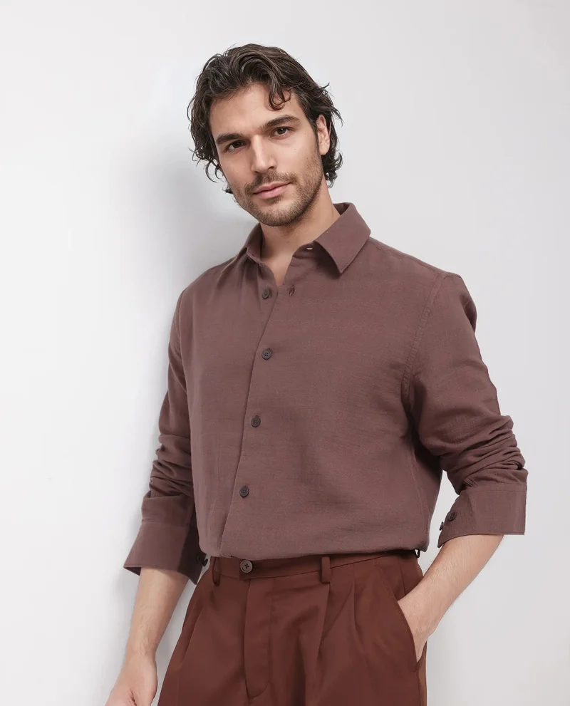 Rare Rabbit Rare Rabbit Men's Enim Dusky Maroon Cotton Fabric Full Sleeve Spread Collar Button Closure Relaxed Fit Plain Shirt