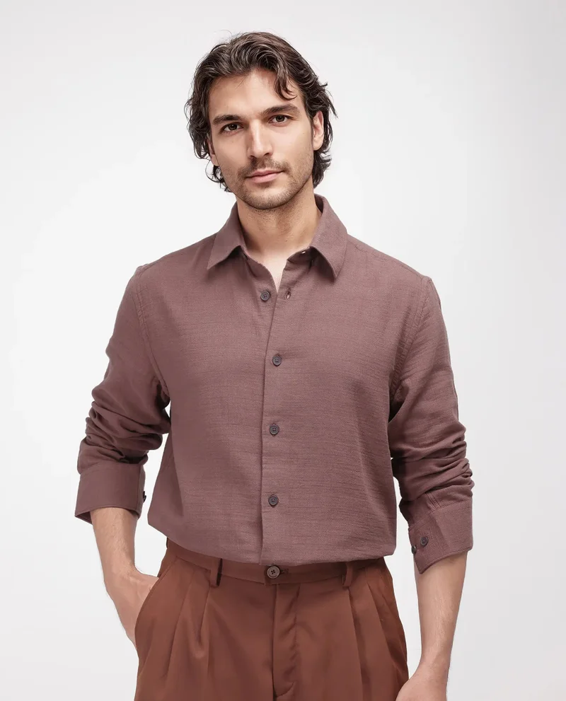Rare Rabbit Rare Rabbit Men's Enim Dusky Maroon Cotton Fabric Full Sleeve Spread Collar Button Closure Relaxed Fit Plain Shirt