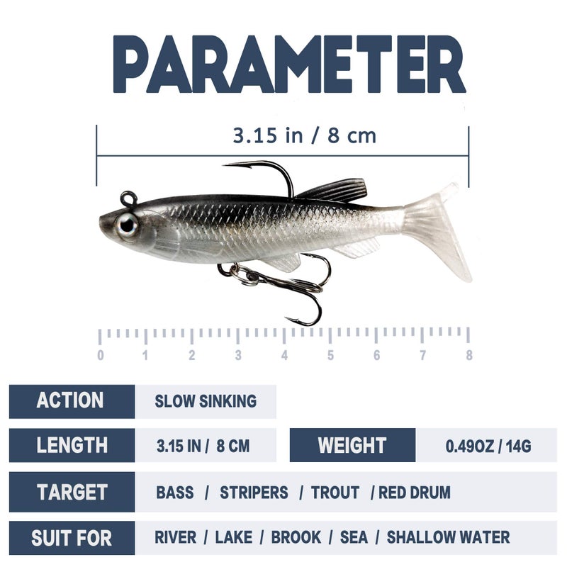VMSIXVM Soft Fishing Lures Shad Minnow Swimbaits, Pre-Rigged Jig Heads Paddle Tail Swim Baits for Bass, Trout, Walleye, Crappie, Sinking Jigs Bait for Saltwater Freshwater, Fishing Gifts for Men - Image 2