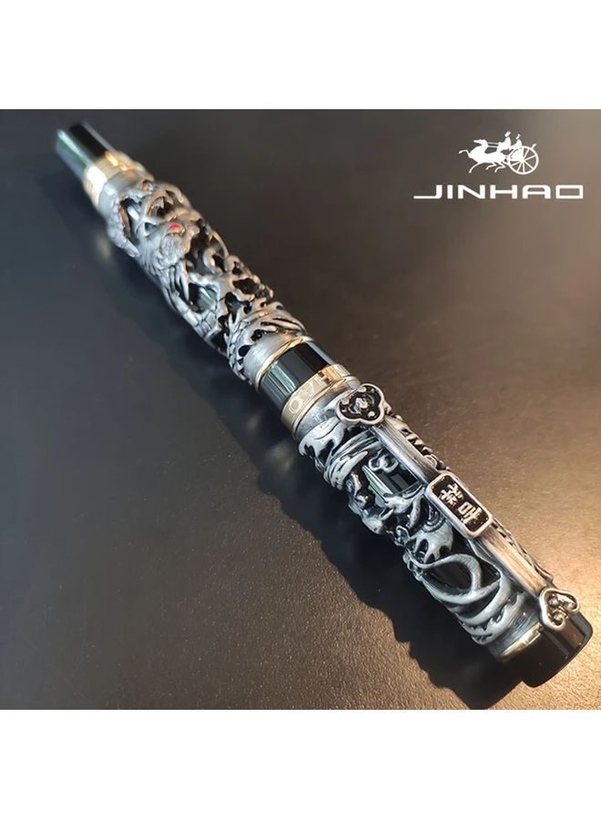 Ancient Silvery Red Dragon Phoenix Fountain Pen Luxury Vintage Design Embossed Iridium Nib Heavyweight F Calligraphy Gift - Image 5