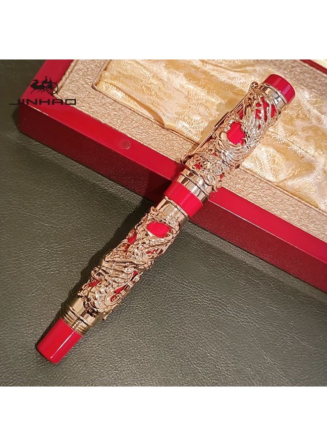 Ancient Silvery Red Dragon Phoenix Fountain Pen Luxury Vintage Design Embossed Iridium Nib Heavyweight F Calligraphy Gift - Image 1
