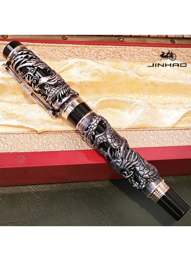 Ancient Silvery Red Dragon Phoenix Fountain Pen Luxury Vintage Design Embossed Iridium Nib Heavyweight F Calligraphy Gift - Image 4