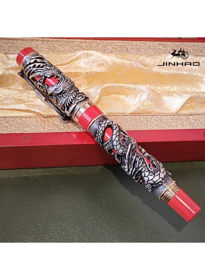 Ancient Silvery Red Dragon Phoenix Fountain Pen Luxury Vintage Design Embossed Iridium Nib Heavyweight F Calligraphy Gift - Image 3