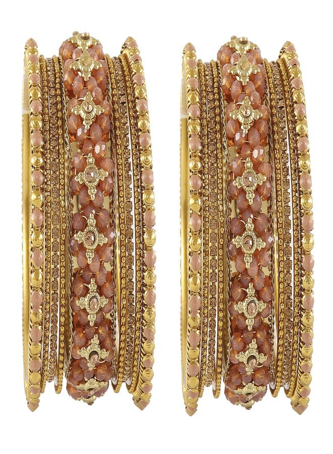 ZULKA Non-Precious Metal Base Metal with Zircon Gemstone Or Pearl and Flower Pattern with Ball Chain Linked Glossy Finished Bangle Set, (Peach_2.6 Inches), Pack Of 18 Bangle Set - Image 3