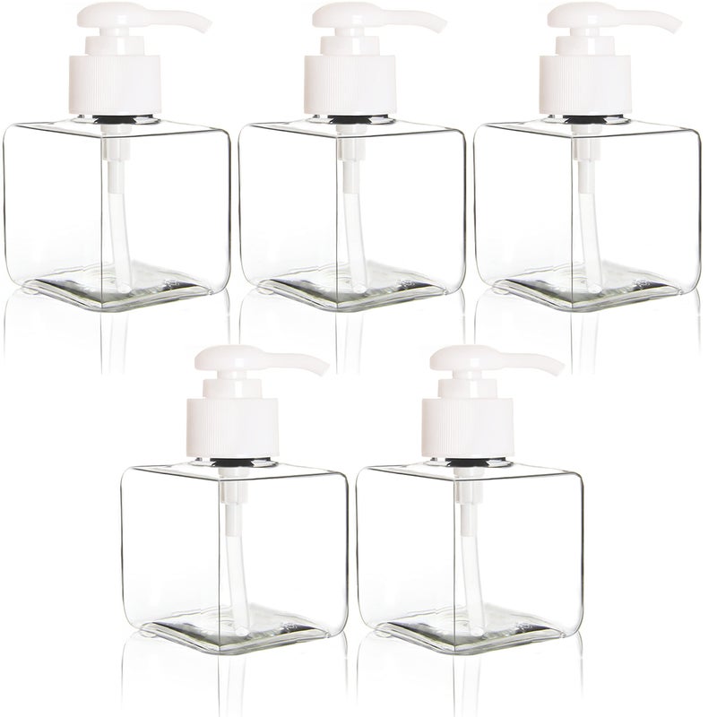 Youngever 5 Pack Clear Plastic Square Pump Bottles Refillable Plastic Pump Bottles for Dispensing Lotions Shampoos 8 Ounce