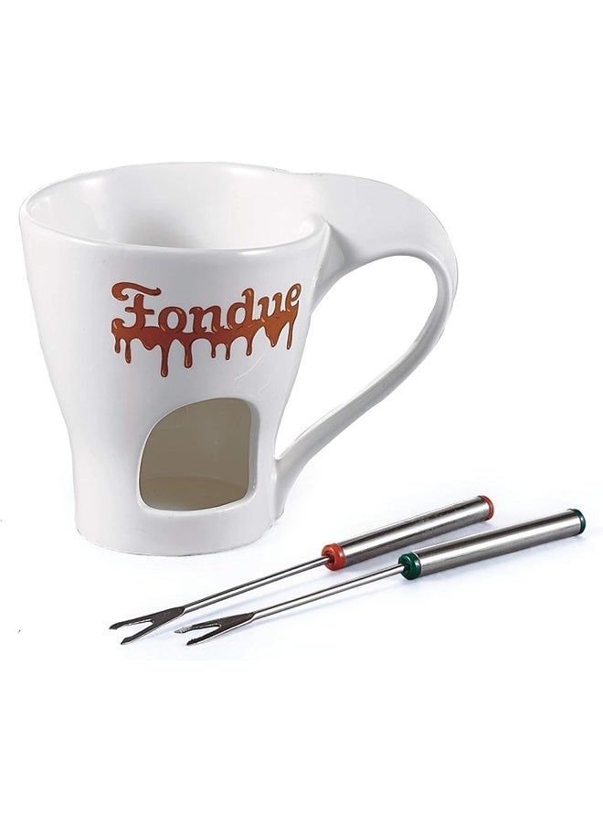 Shallow Porcelain Fondue Cup with Forks | Ceramic Chocolate Fondue Mug Set for Cheese, Chocolate & Dessert Serving | Candle Warmer Fondue Pot for Home Parties - Image 1