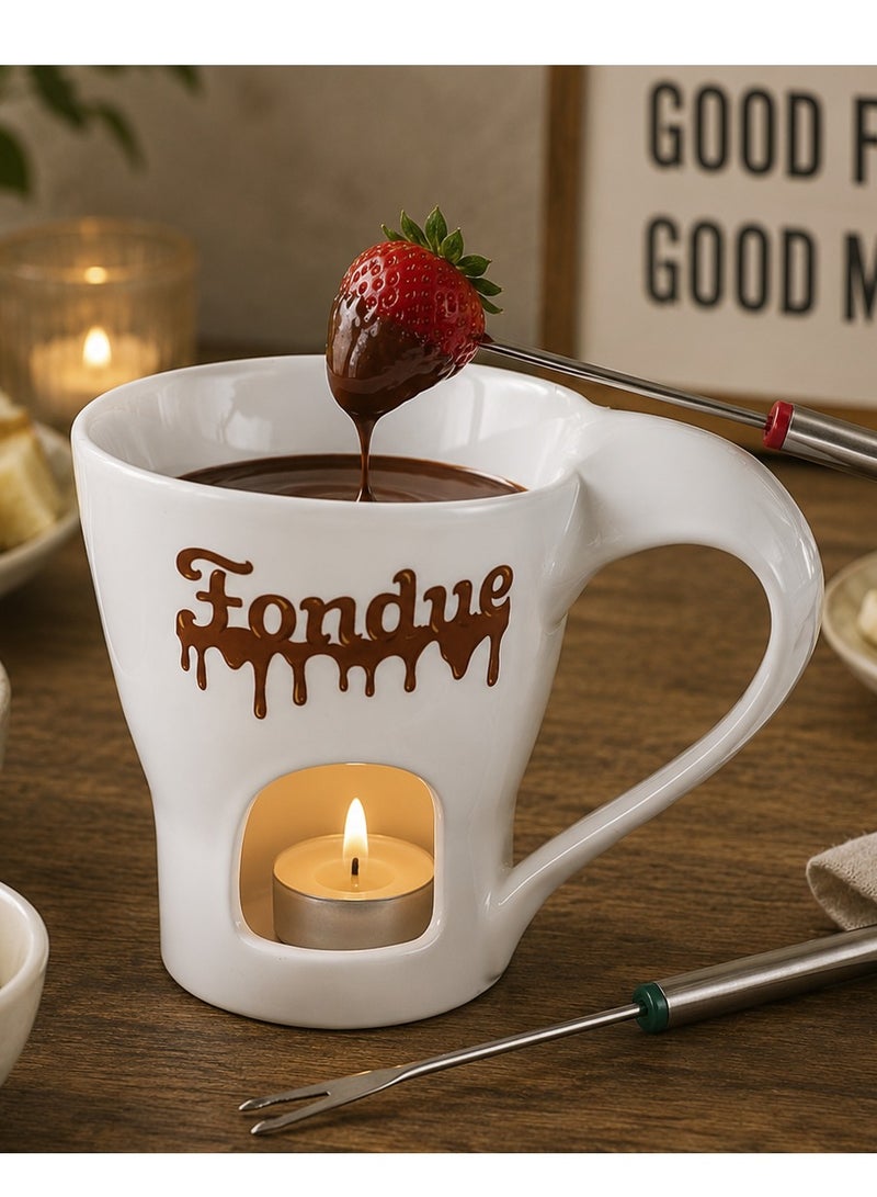 Shallow Porcelain Fondue Cup with Forks | Ceramic Chocolate Fondue Mug Set for Cheese, Chocolate & Dessert Serving | Candle Warmer Fondue Pot for Home Parties - Image 2