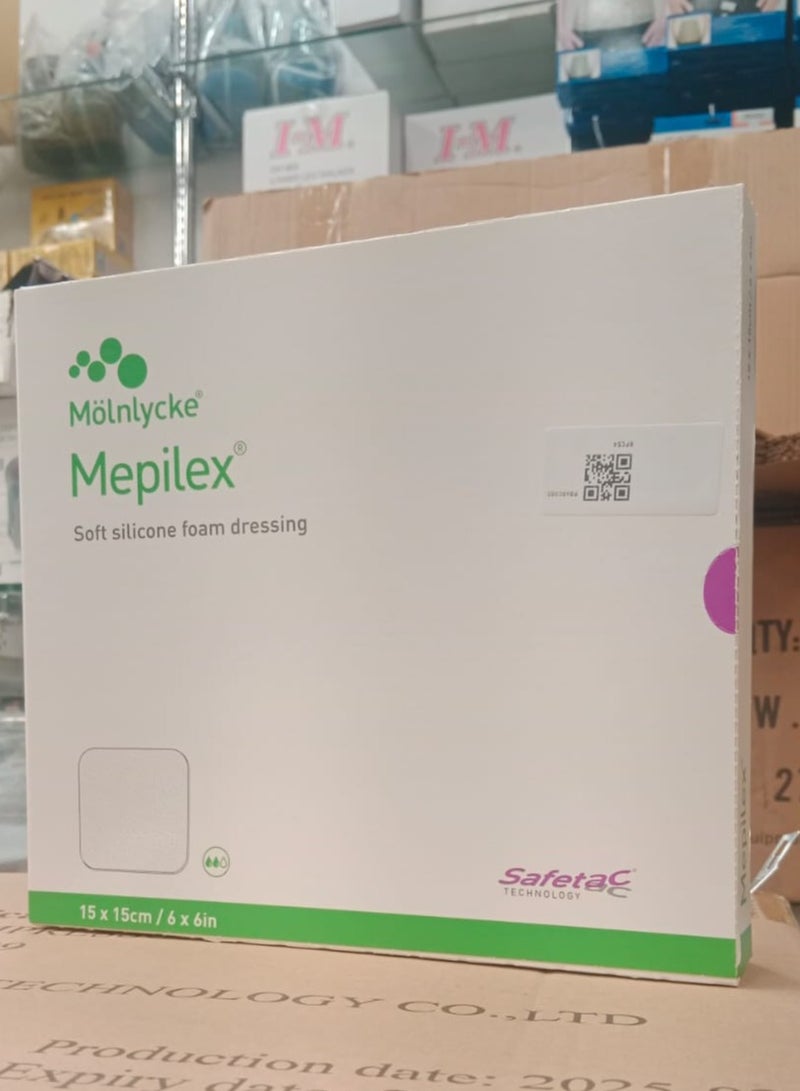 Molnlycke Soft silicone foam dressing (Mepilex) 15×15cm | 6 × 6 inches - 5 pieces with Safetac technology for advanced wound care (for ulcers, burns, pressure ulcers) - Image 1