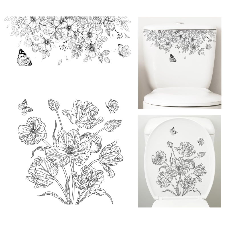 Fumwase 2 Pcs Toilet Tank And Seat Stickers Set With Different Patterns Monochrome Floral Butterfly Toilet Stickers Decals Removable Waterproof Self-Adhesive Toilet Lid Decals For Bathroom Decor - Image 1