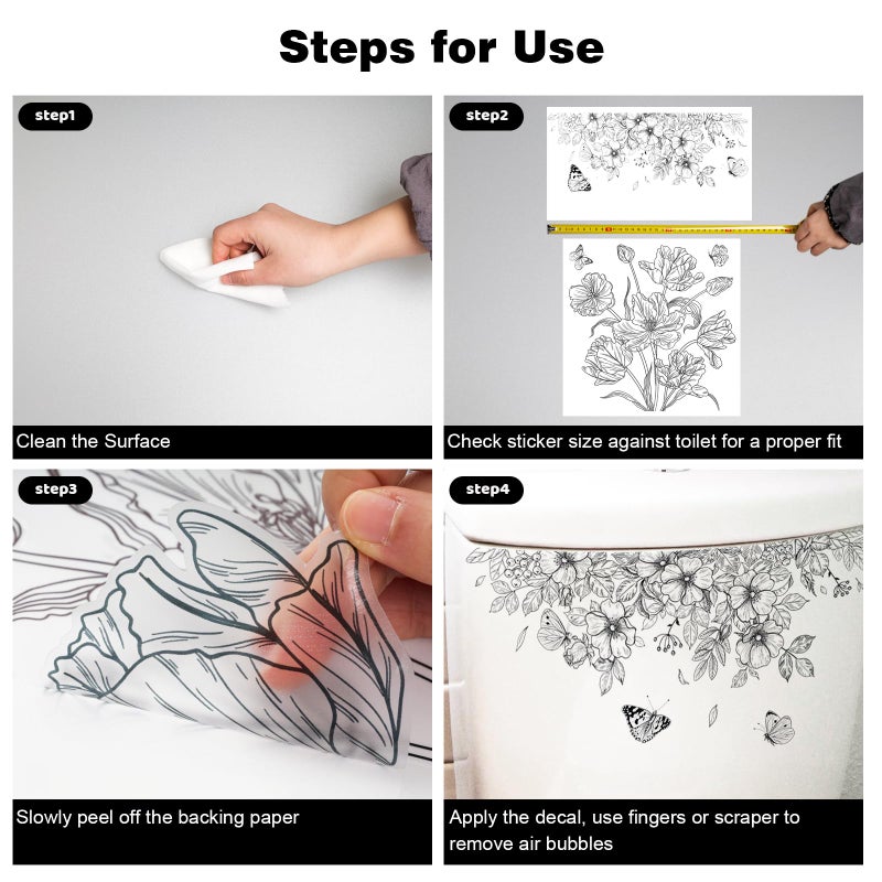 Fumwase 2 Pcs Toilet Tank And Seat Stickers Set With Different Patterns Monochrome Floral Butterfly Toilet Stickers Decals Removable Waterproof Self-Adhesive Toilet Lid Decals For Bathroom Decor - Image 5