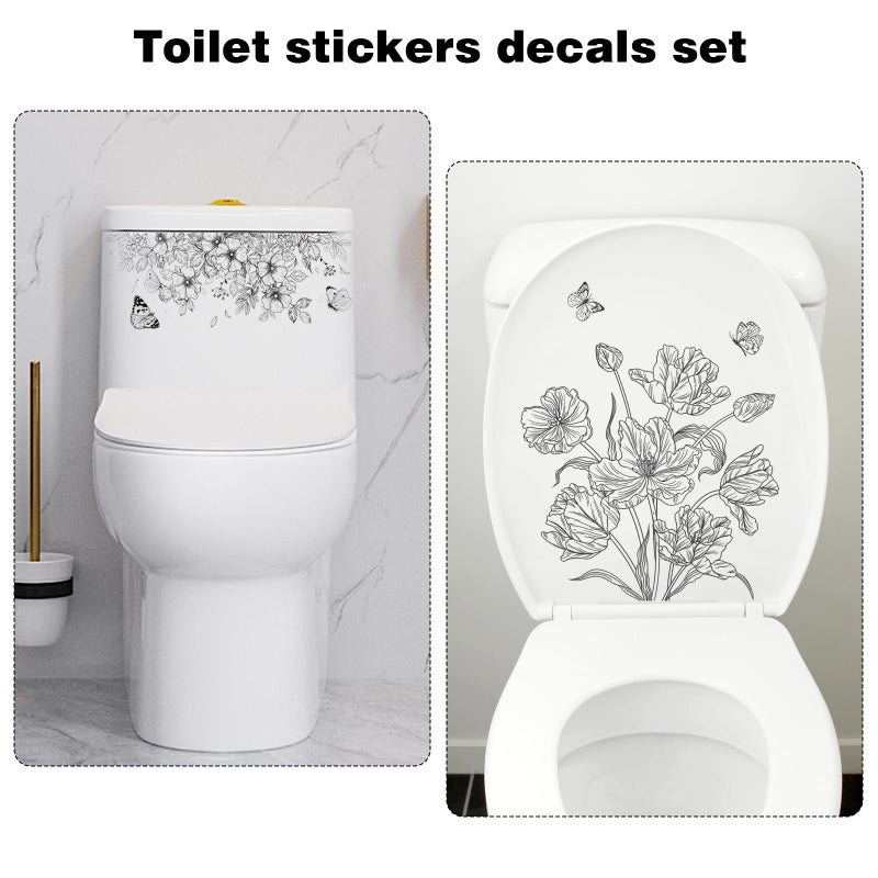 Fumwase 2 Pcs Toilet Tank And Seat Stickers Set With Different Patterns Monochrome Floral Butterfly Toilet Stickers Decals Removable Waterproof Self-Adhesive Toilet Lid Decals For Bathroom Decor - Image 4