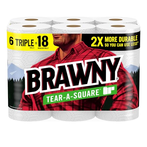 Brawny TearASquare Paper Towels 6 Triple Rolls 18 Regular Rolls 3 Sheet Sizes Quarter Half Full Strength for All Messes Cleanups and Meal Prep