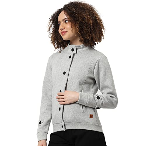 Campus Sutra Women Grey Solid Regular Fit Cotton Jacket For Winter Wear | Standing Collar | Full Sleeve | Buttoned | Casual Jacket For Woman & Girl | Western Stylish Jacket For Women - Image 1
