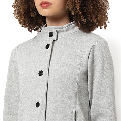 Campus Sutra Women Grey Solid Regular Fit Cotton Jacket For Winter Wear | Standing Collar | Full Sleeve | Buttoned | Casual Jacket For Woman & Girl | Western Stylish Jacket For Women - Image 4