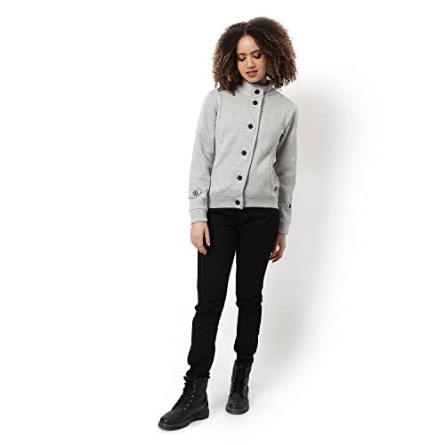 Campus Sutra Women Grey Solid Regular Fit Cotton Jacket For Winter Wear | Standing Collar | Full Sleeve | Buttoned | Casual Jacket For Woman & Girl | Western Stylish Jacket For Women - Image 5