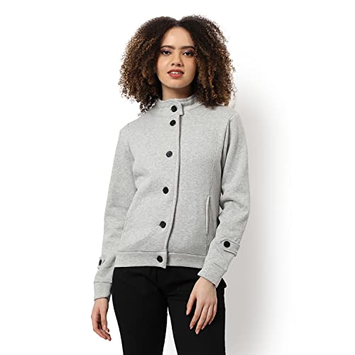 Campus Sutra Women Grey Solid Regular Fit Cotton Jacket For Winter Wear | Standing Collar | Full Sleeve | Buttoned | Casual Jacket For Woman & Girl | Western Stylish Jacket For Women - Image 2