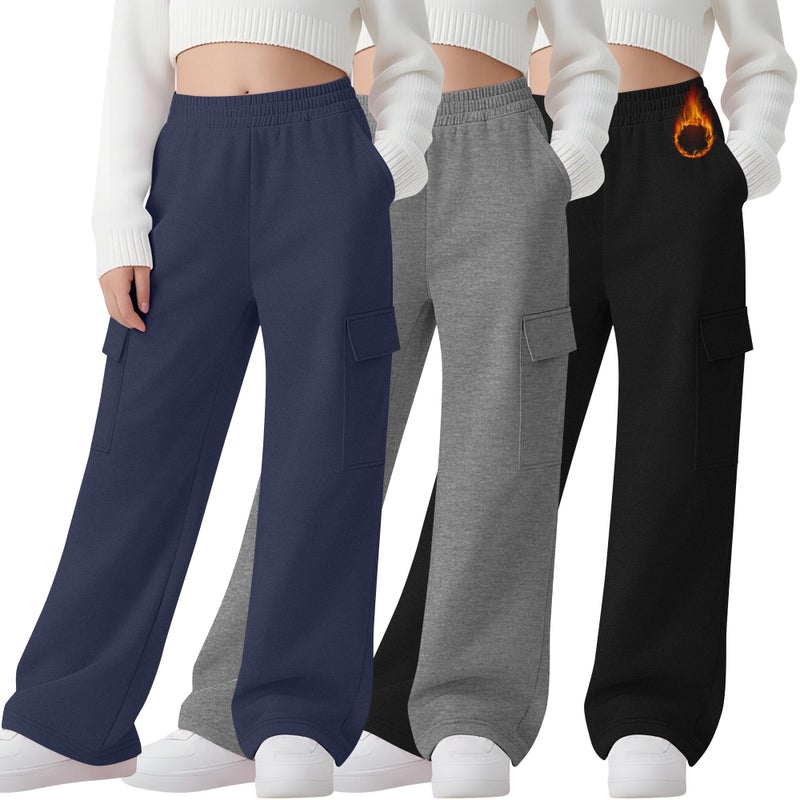 LessonZoo 3 Pack Girls Thermal Fleece Cargo Sweatpants 5-14y 4 Pockets Kid Warm Wide Leg High Waist Baggy Casual Pants Jogger(Navy Blue, Heather Gray, Black,9-10 Years) - Image 1