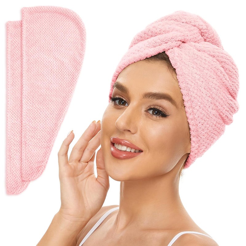 2 Pack Microfiber Hair Towel Wrap for Women Anti Frizz Quick Drying Hair Turban for All Hair Style Absorbent and Lightweight Pink
