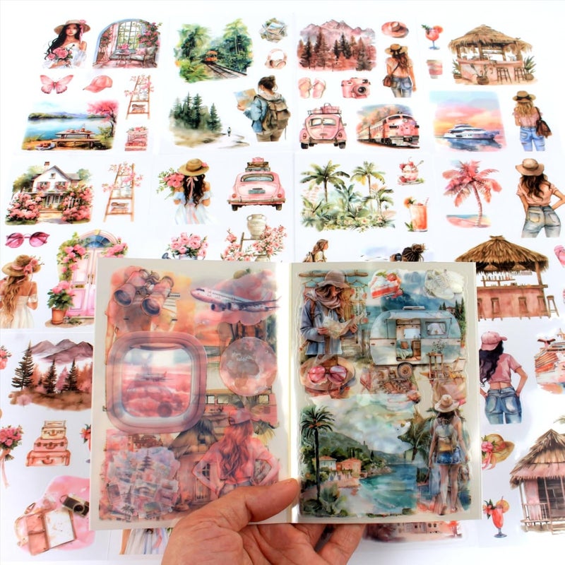Dwpetzo Summer Beach Pre-Cut Journal Sticker Book for Junk Journaling, Transparent PET Landscape Stickers for Scrapbook Supplies, Scrapbooking, Collage, Planners, Bujo, 20 Sheets - Image 1