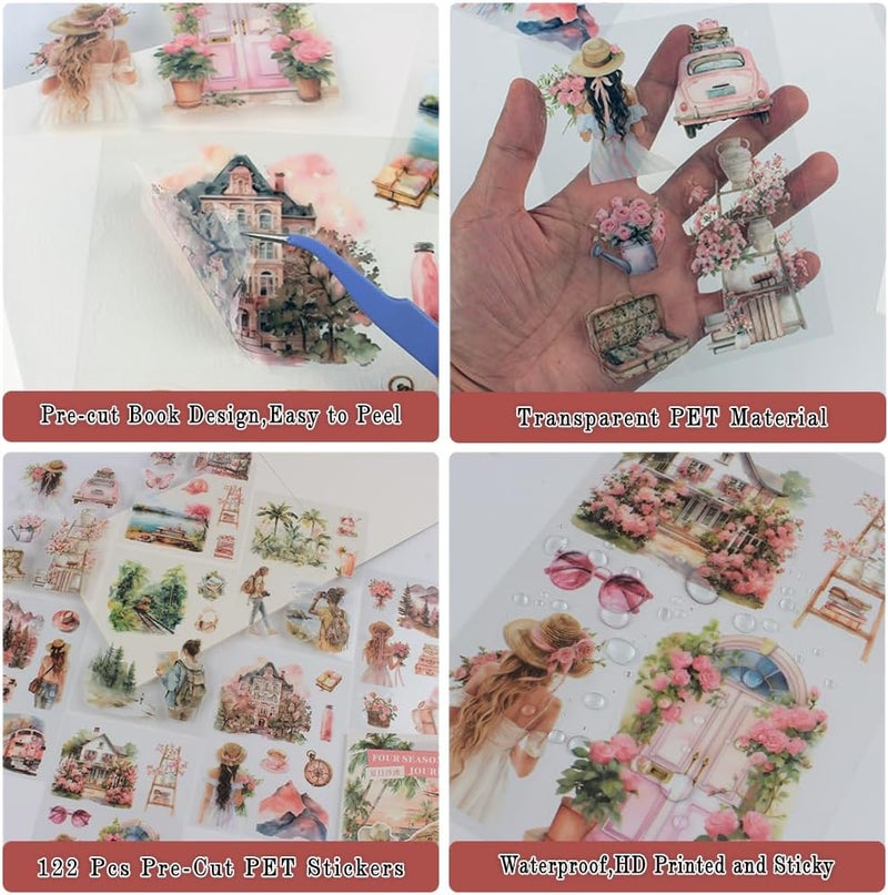 Dwpetzo Summer Beach Pre-Cut Journal Sticker Book for Junk Journaling, Transparent PET Landscape Stickers for Scrapbook Supplies, Scrapbooking, Collage, Planners, Bujo, 20 Sheets - Image 3
