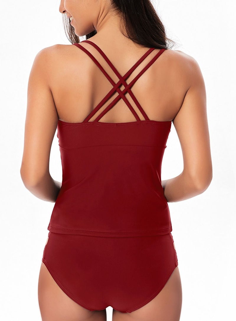 Loquat Wine red solid color swimsuit Split type halter belt suspenders swimsuit lady bikini  - Image 5