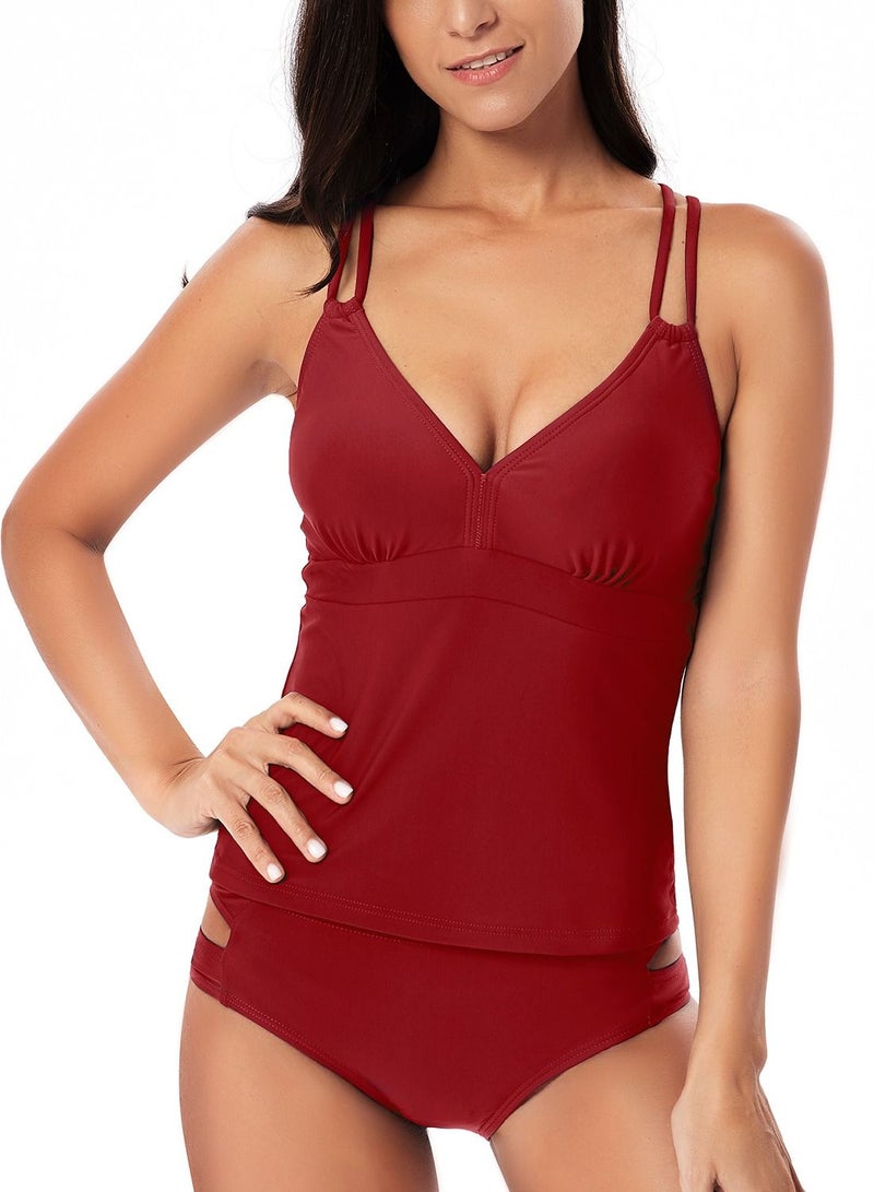 Loquat Wine red solid color swimsuit Split type halter belt suspenders swimsuit lady bikini  - Image 1