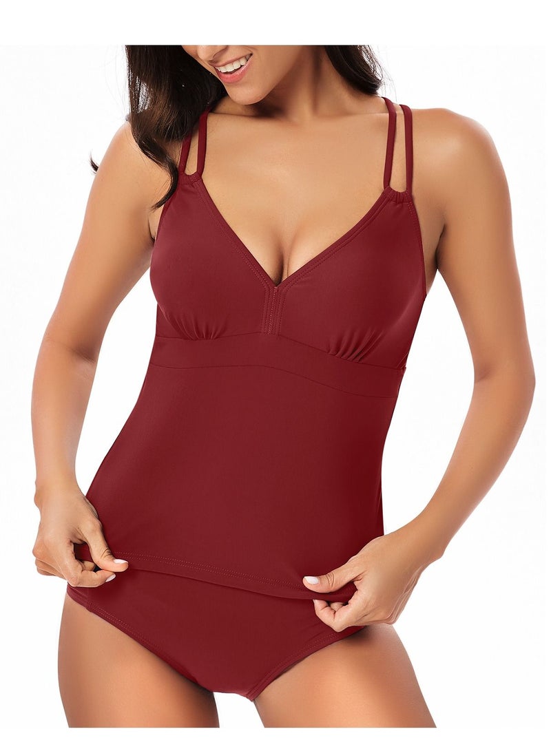 Loquat Wine red solid color swimsuit Split type halter belt suspenders swimsuit lady bikini  - Image 2