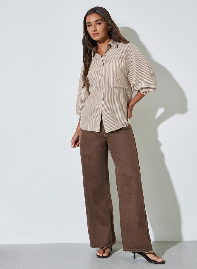 Styli Beige Striped Relaxed Fit Shirt - Image 2