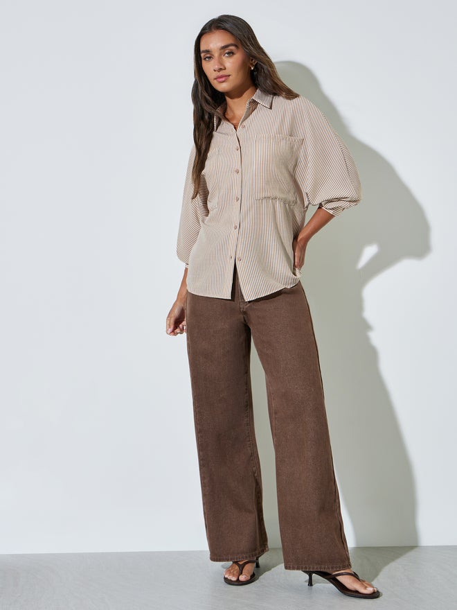 Styli Beige Striped Relaxed Fit Shirt - Image 2
