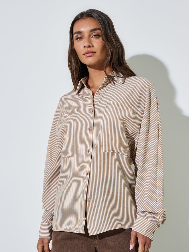 Styli Beige Striped Relaxed Fit Shirt - Image 3