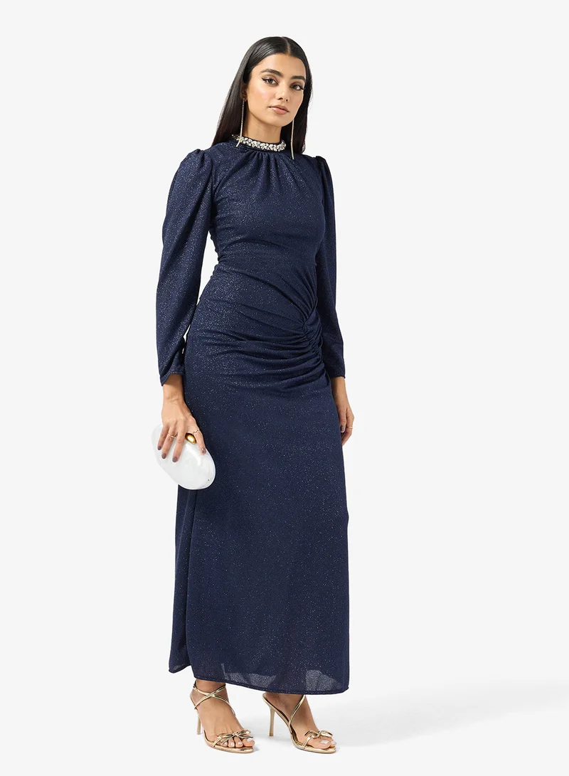 خزانة Embellished Neck Ruched Dress