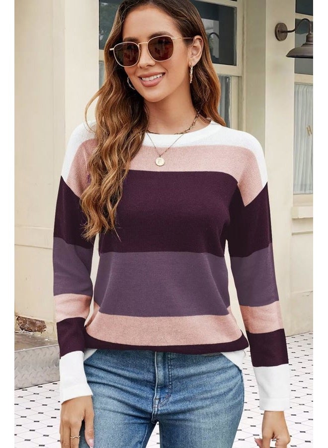 FEKOAFE Women's 2025 Cute Striped Sweaters Crew Neck Long Sleeve Pullover Sweaters for Women, Ba Purple, M - Image 4