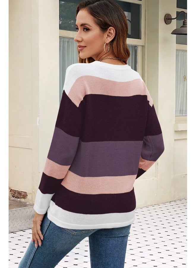 FEKOAFE Women's 2025 Cute Striped Sweaters Crew Neck Long Sleeve Pullover Sweaters for Women, Ba Purple, M - Image 3