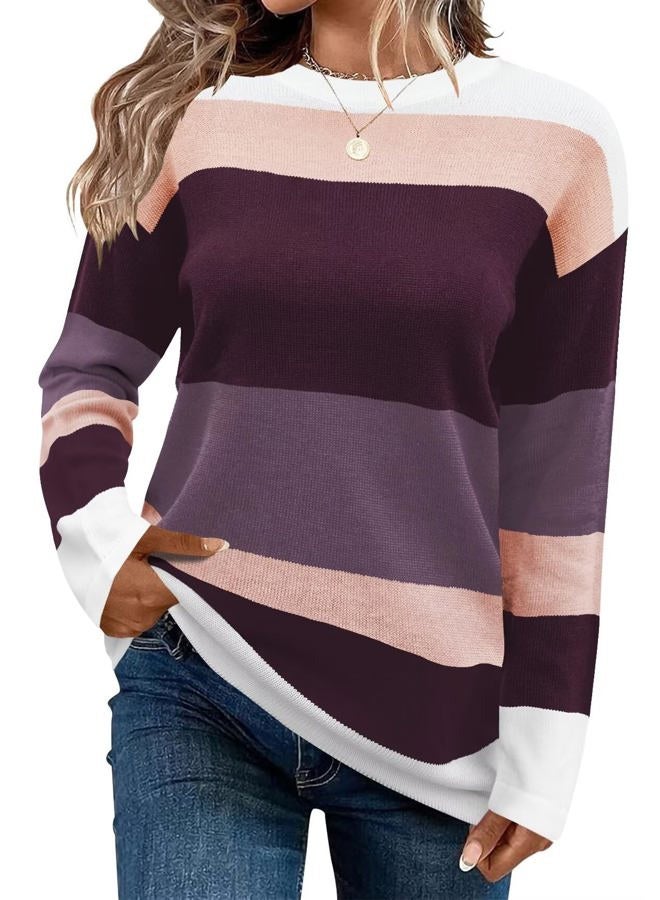 FEKOAFE Women's 2025 Cute Striped Sweaters Crew Neck Long Sleeve Pullover Sweaters for Women, Ba Purple, M - Image 1